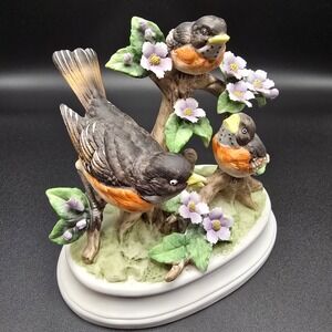 Vintage Royal Crown Porcelain Birds on Branch Figurine 3 Robins Flowers Bisque